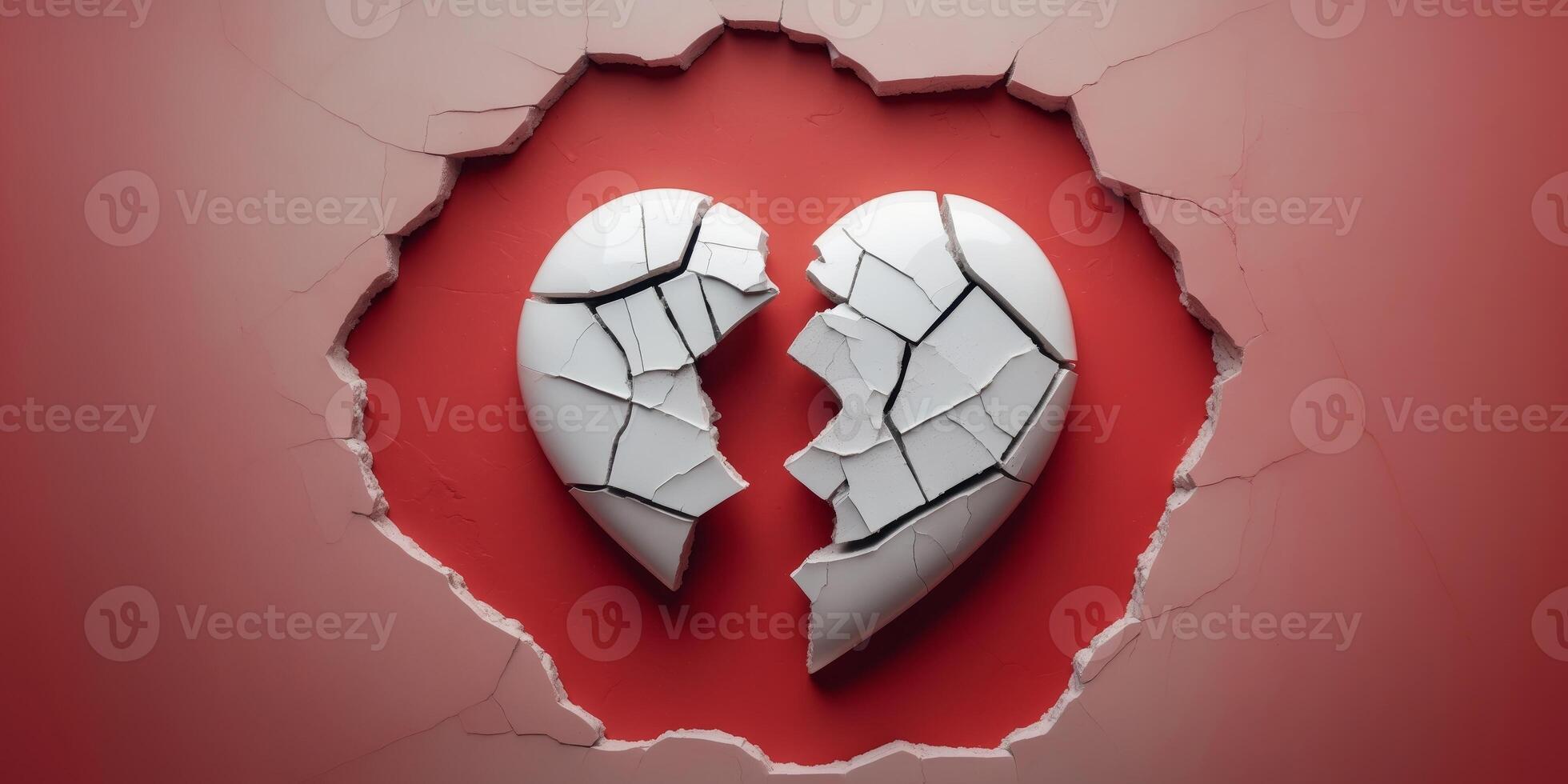 White broken heart symbolizing lost love on a vibrant red backgroundWhite broken heart symbolizing lost love on a vibrant red background. photo