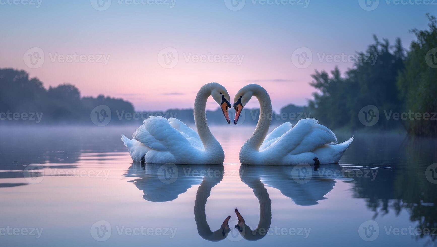 Enchanting reflection of swans forming heart in serene twilight lake photo