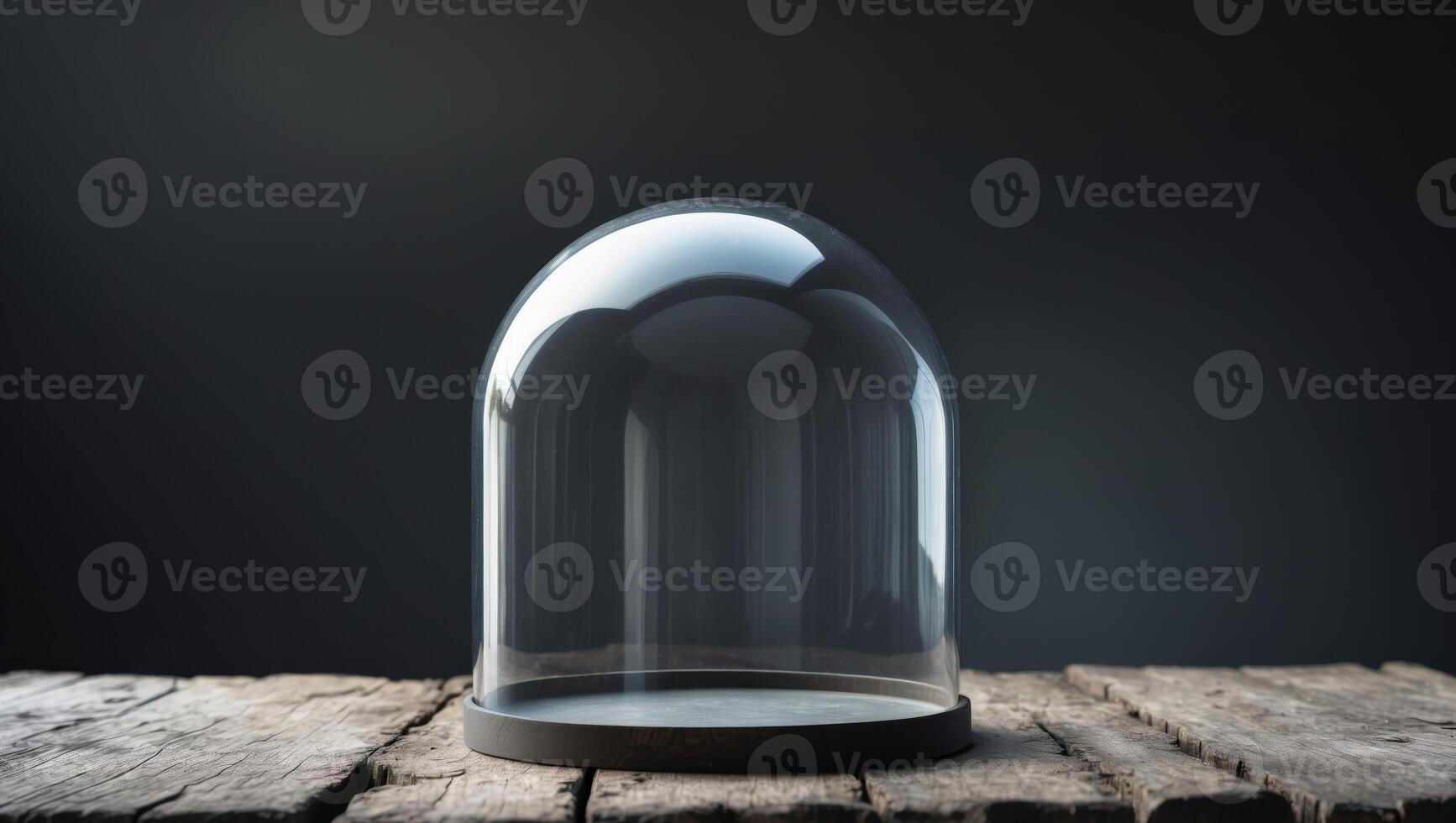 Empty glass dome on rustic wooden surface with dark background photo