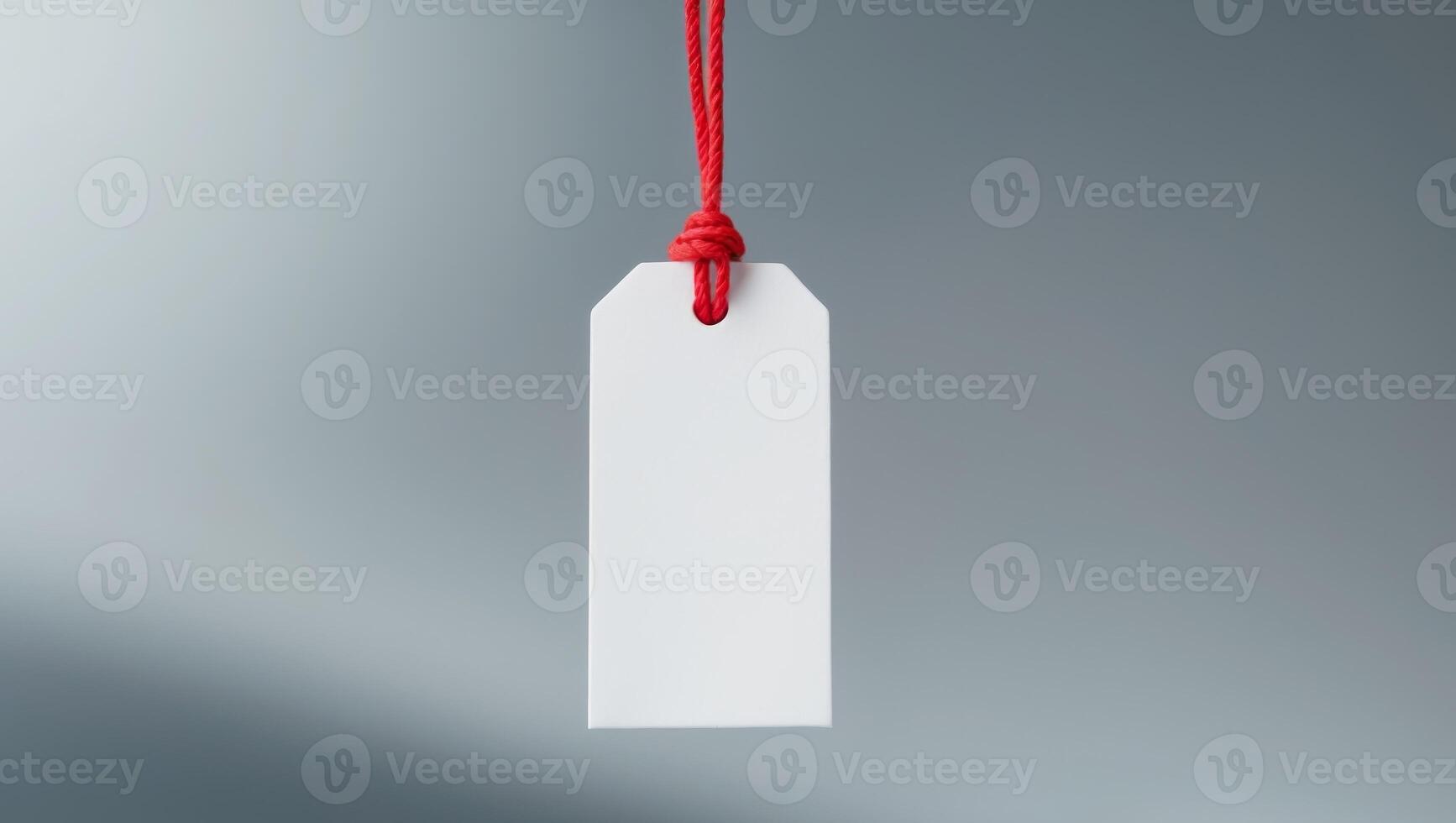 Blank White Tag with Red String on Gray BackgroundBlank White Tag with Red String on Gray Background. photo