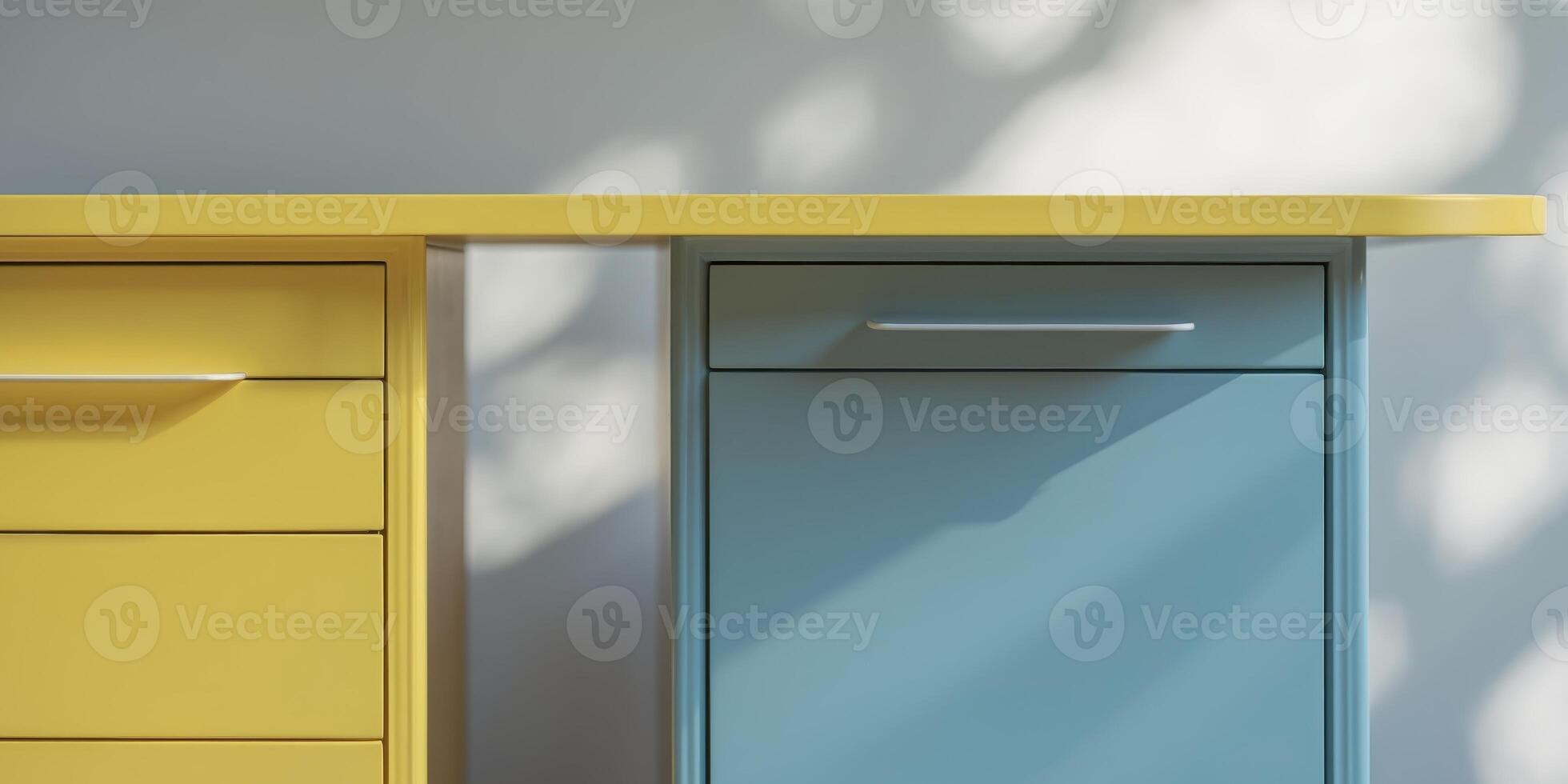 A colorful desk with a yellow cabinet and a blue cabinetA colorful desk with a yellow cabinet and a blue cabinet. photo