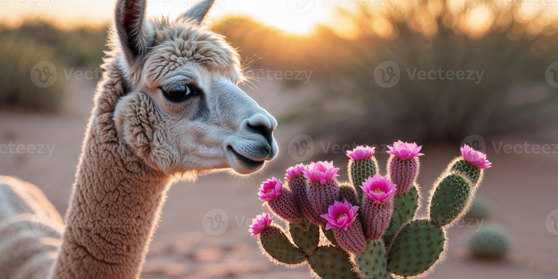 Llama smelling blooming cactus flowers in the desert at sunset photo