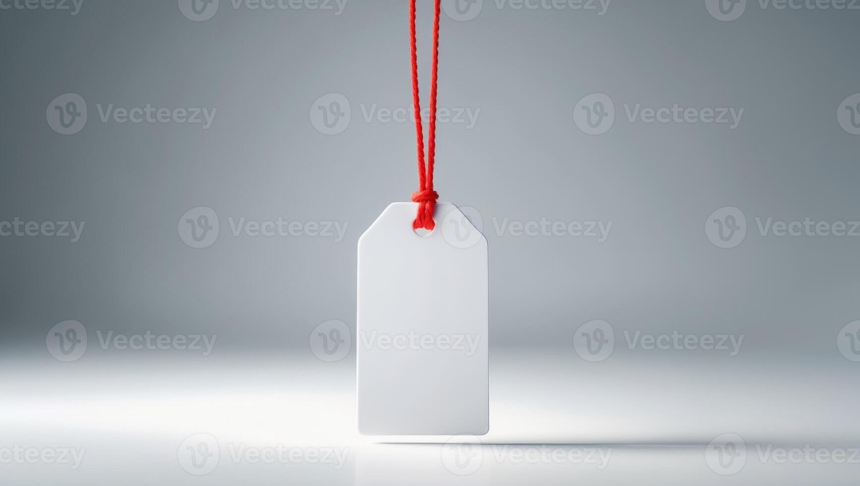 Blank White Tag with Red String on Gray Background photo