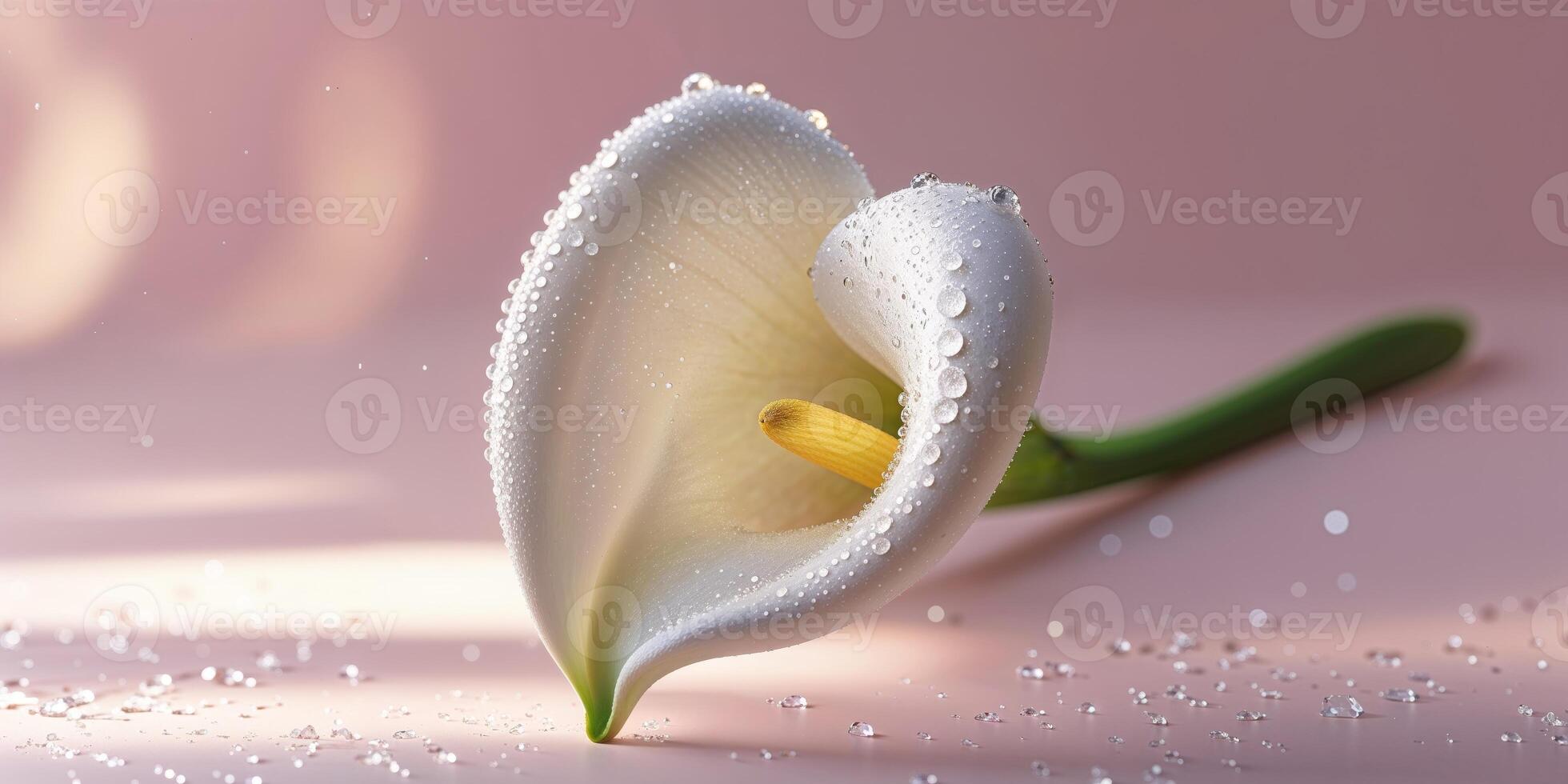 Elegant white calla lily blossom with dewdrops on soft pink background at morning light photo