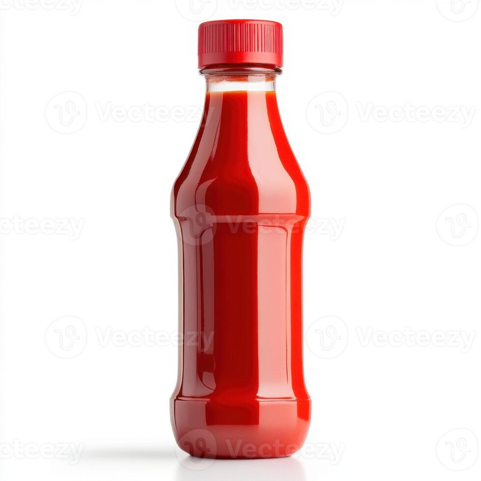 Bright red bottle filled with tomato sauce stands against a white background in a simple yet appealing arrangement photo