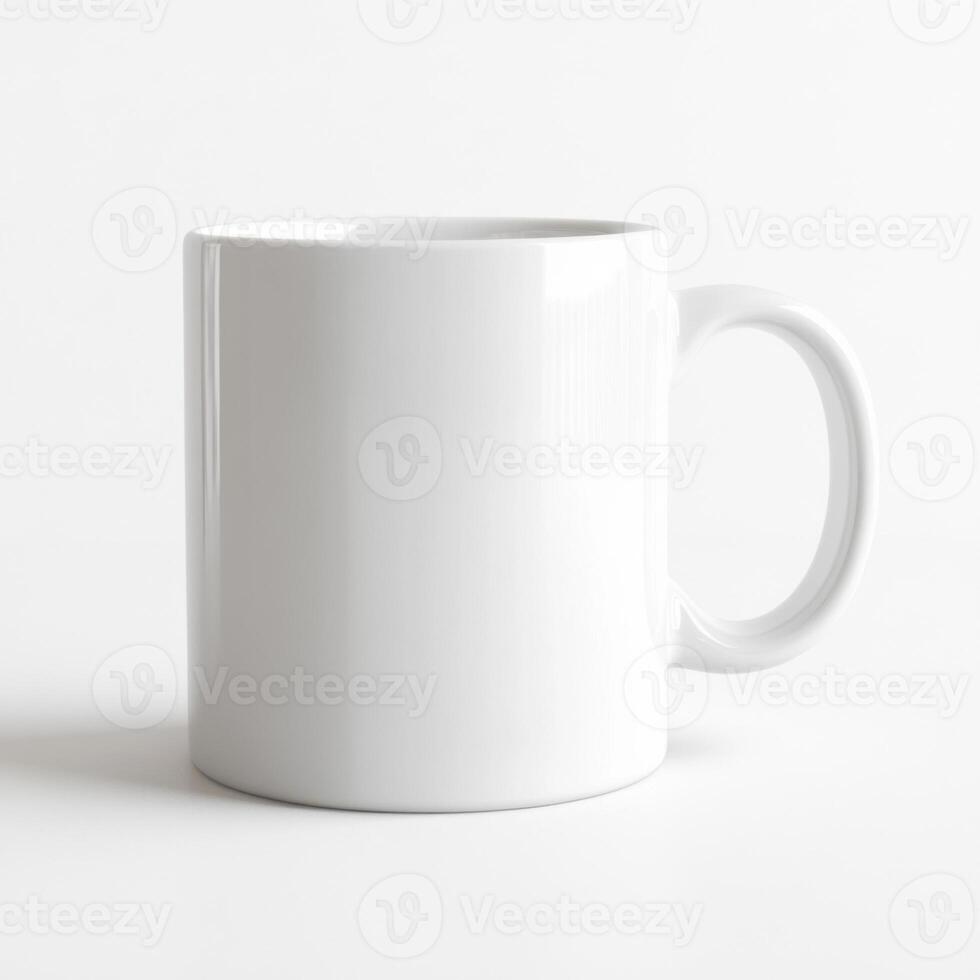 Blank white ceramic mug placed on a clean, light background showcasing its smooth design and potential for customization photo