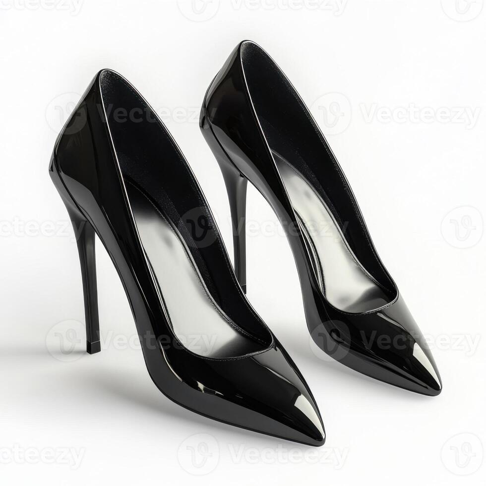 Elegant black high heels positioned neatly on a plain background showcasing their sleek design and glossy finish photo