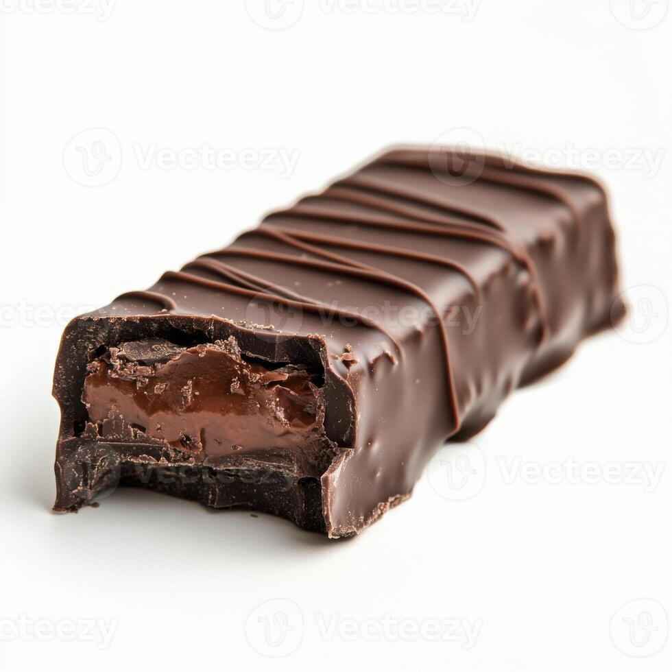 Chocolate bar with rich filling and decorative drizzle on a clean background photo