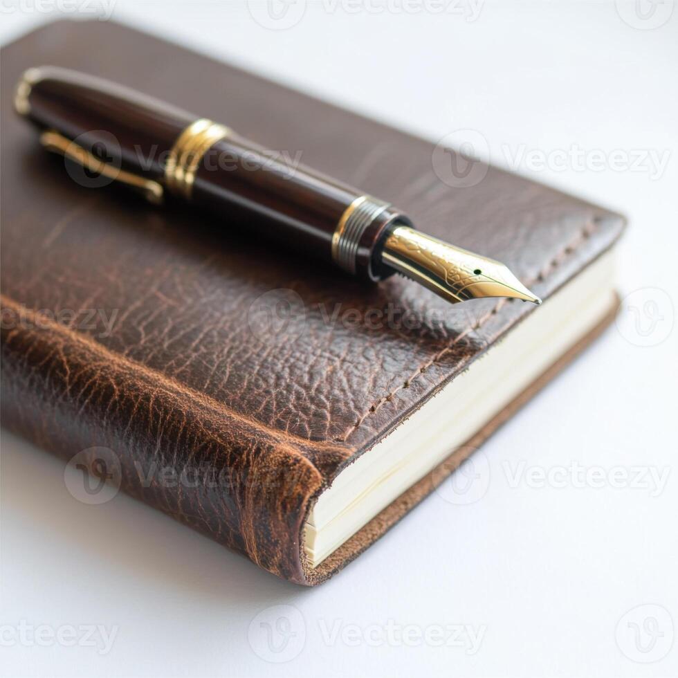 Elegant brown leather notebook and fountain pen on a white surface ready for writing creativity photo