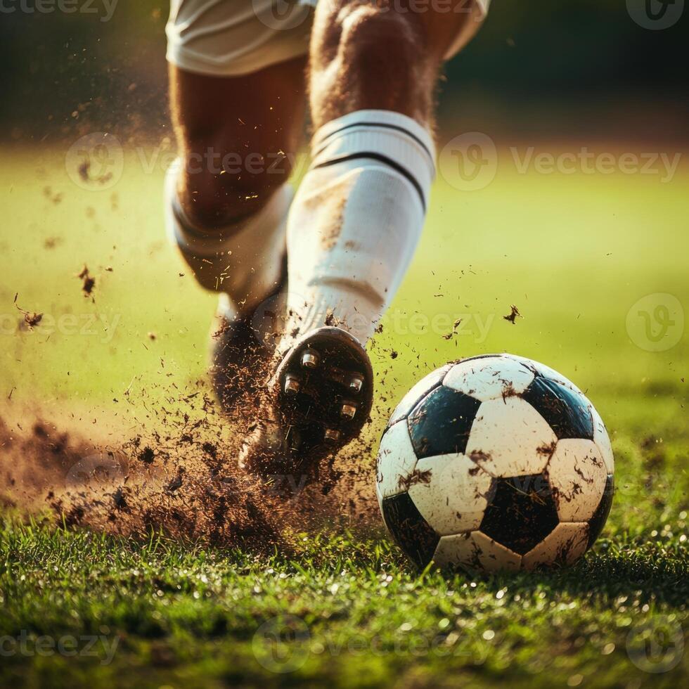 Dynamic soccer player strikes ball on sunny field during competitive match in afternoon light photo
