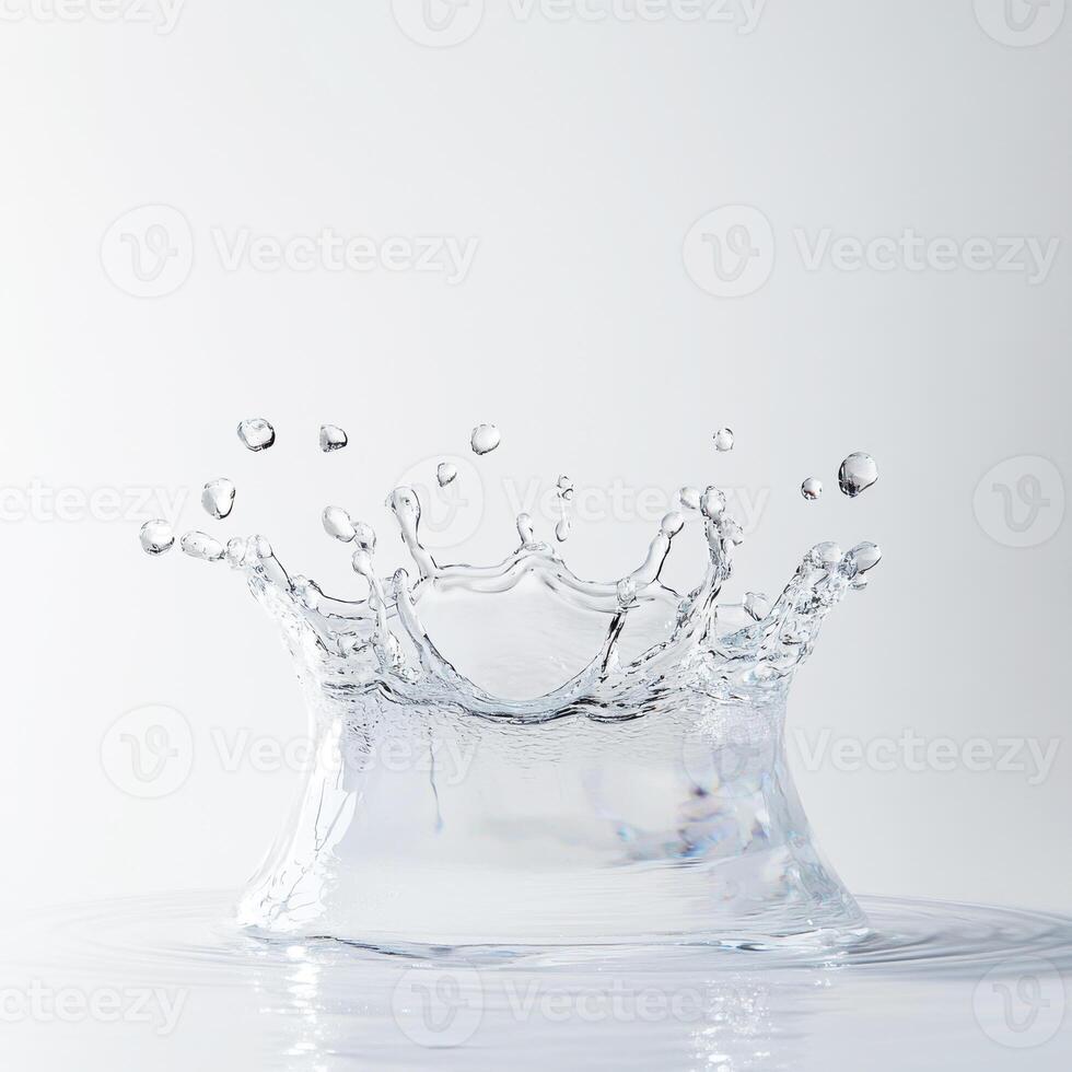 Water splash leaves droplets radiating outward in a serene setting with a soft color background photo