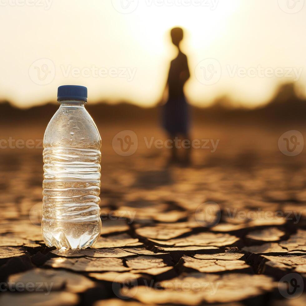 Dehydration crisis highlighted by water bottle on cracked earth with a child in the background at sunset photo
