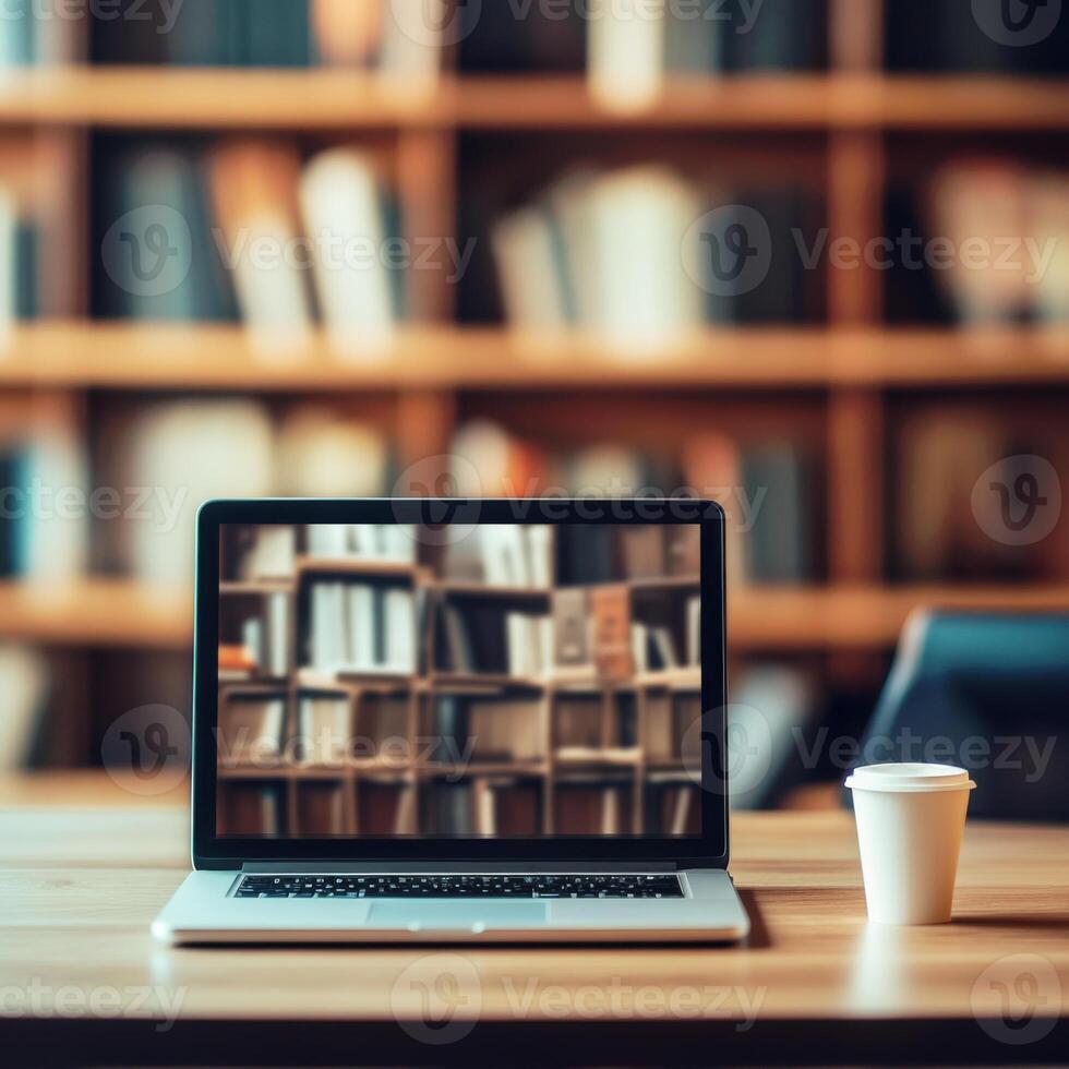 Desk with laptop and coffee cup against a backdrop of bookshelves in a cozy study environment photo