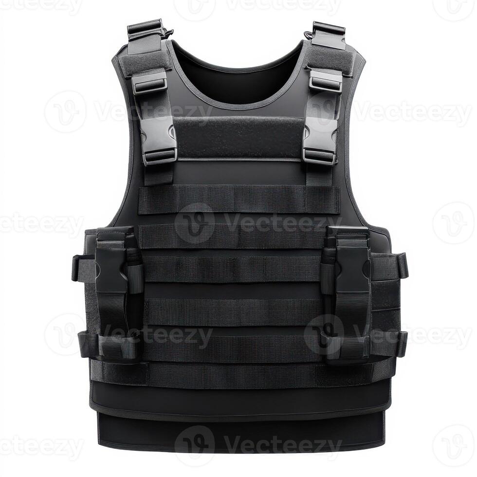 Tactical black vest designed for protection and gear storage with adjustable straps and durable materials photo