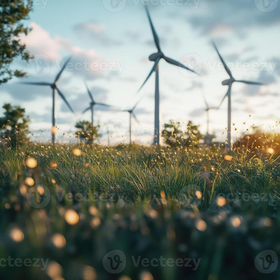 Wind turbines stand tall in a vibrant field during golden hour with a backdrop of soft clouds photo