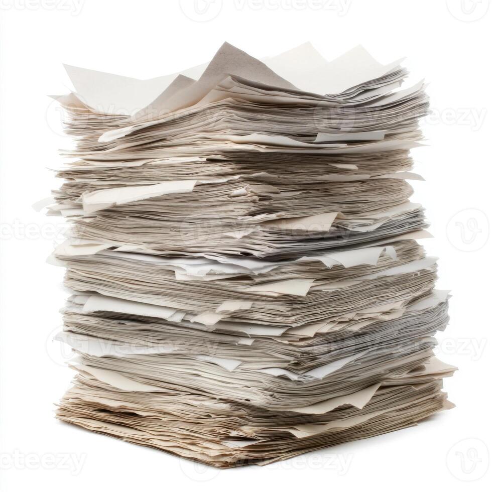 Pile of old papers stacked together in a disorganized manner, showing various shades of yellow and white under soft light photo