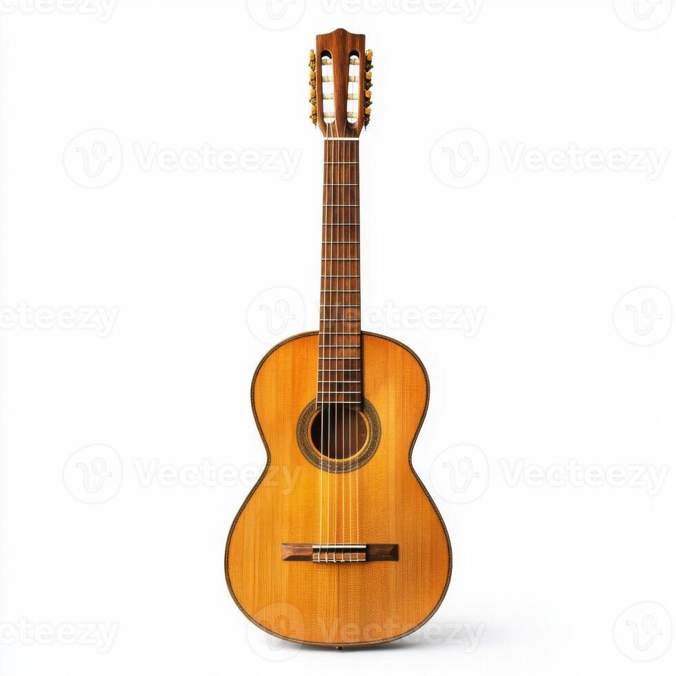 Classic wooden guitar with intricate craftsmanship displayed against a plain background photo