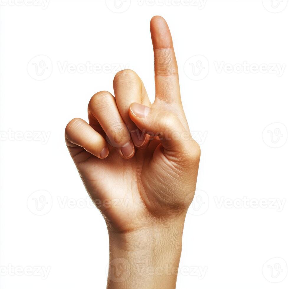 Hand gesture indicating one, signaling attention or agreement in a neutral setting photo