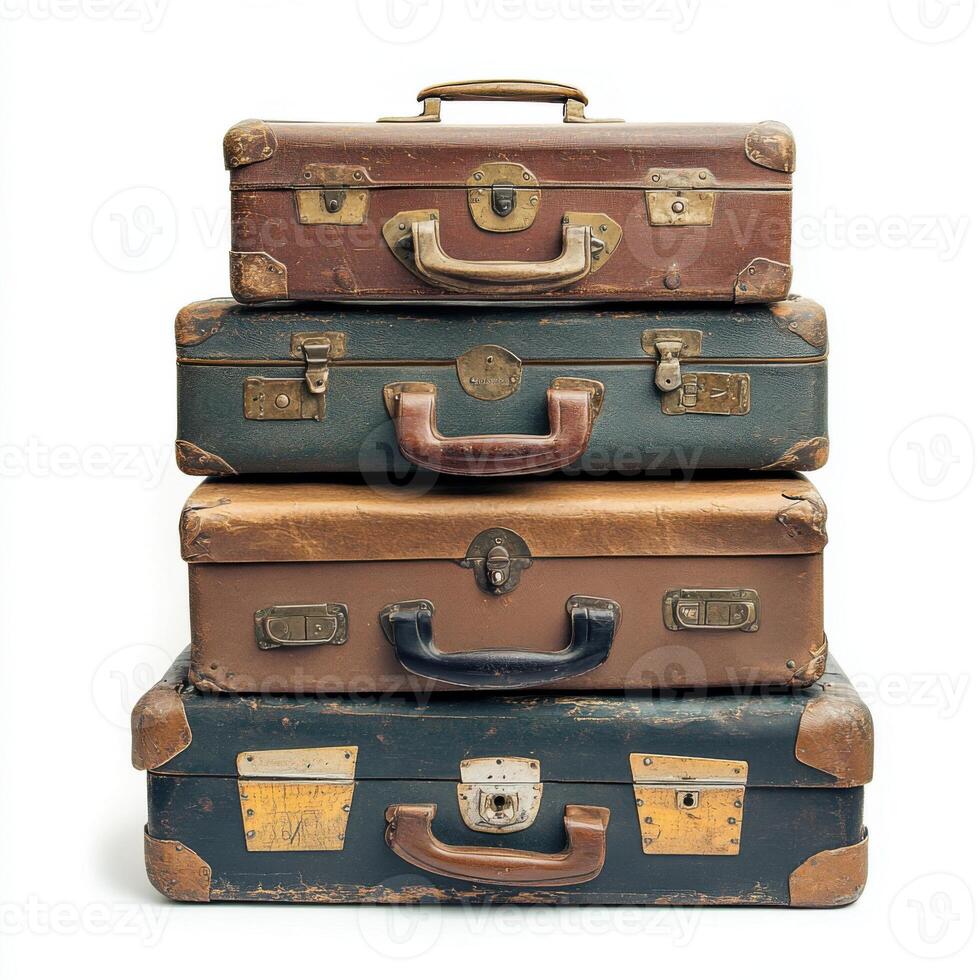 Vintage travel suitcases stacked in a neat arrangement showcasing retro design and worn textures from previous journeys photo