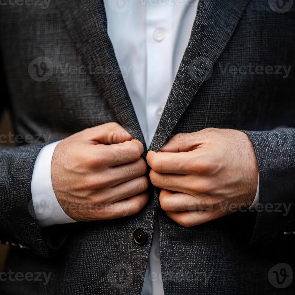Man adjusting gray blazer buttons outdoors in a casual setting during daylight photo