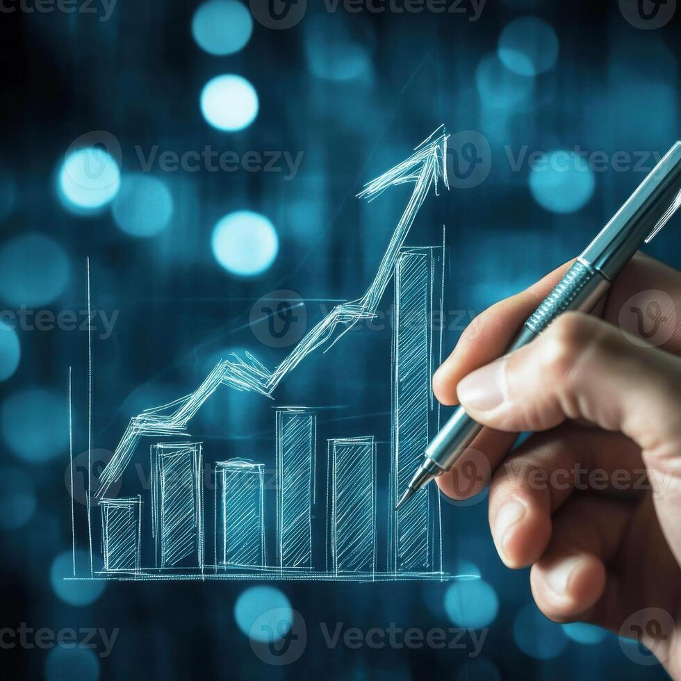 Hand drawing growth chart with upward trend on blue bokeh background during a business presentation photo