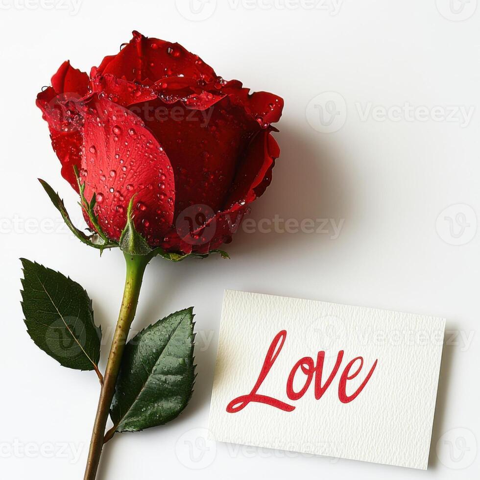 Romantic red rose with water droplets and love card on white background for special occasions and expressions of affection photo