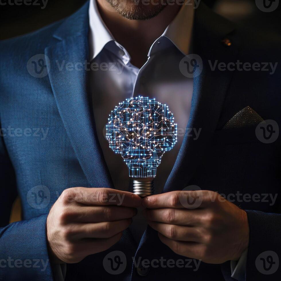 Innovative businessman showcases smart technology with glowing light bulb representing ideas and creativity photo