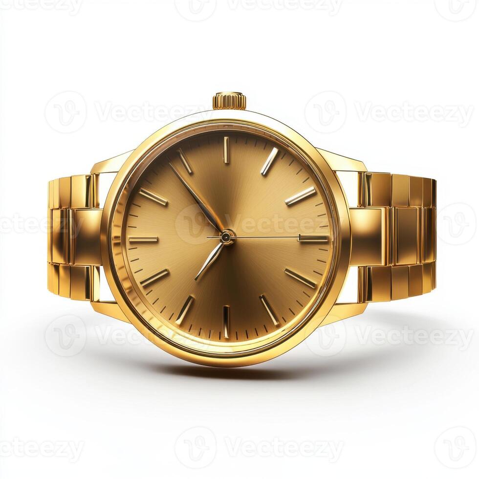 Elegant gold watch on a white background showcasing timeless design and craftsmanship with a minimalist aesthetic photo