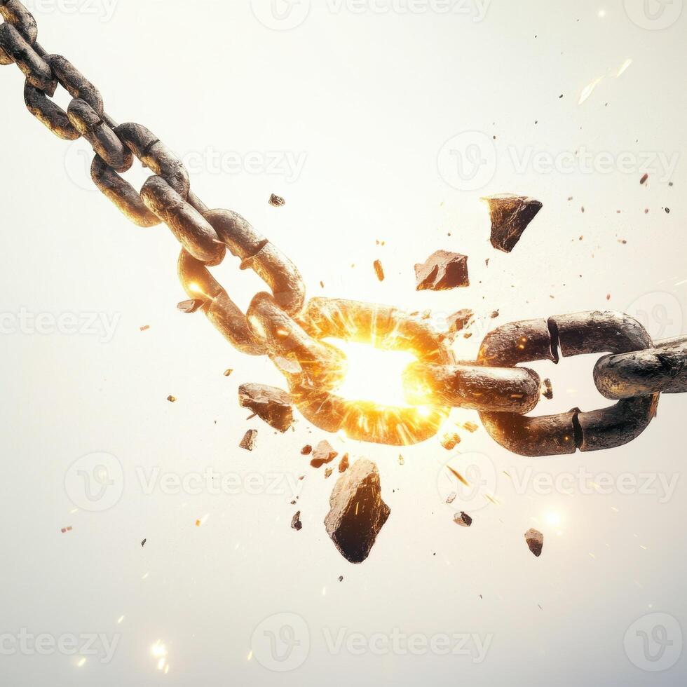 Chain breaking with explosion effect creating a dramatic visual impact in a simple background photo