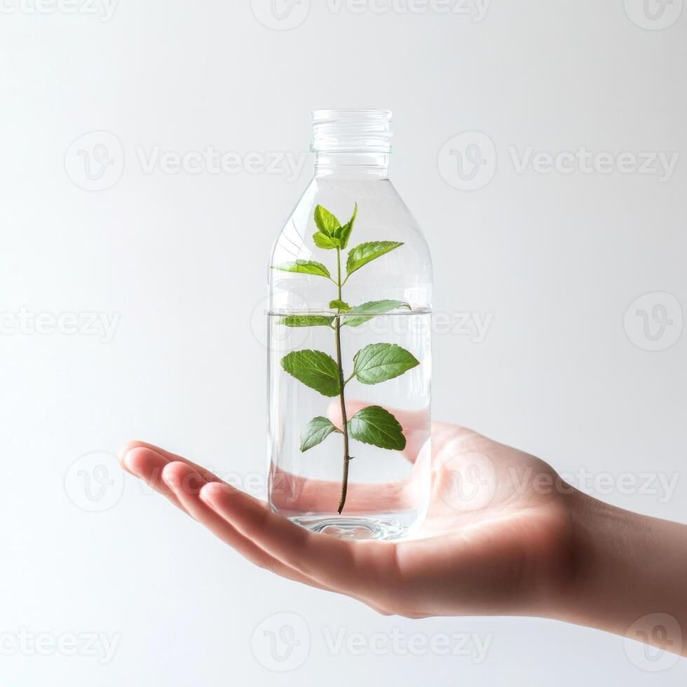Hand holding a clear bottle with water and a green plant inside on a light background photo