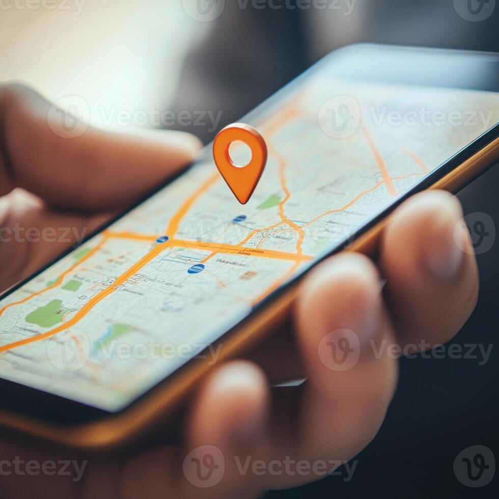 Person holding smartphone with map application displaying location pin and urban landscape photo
