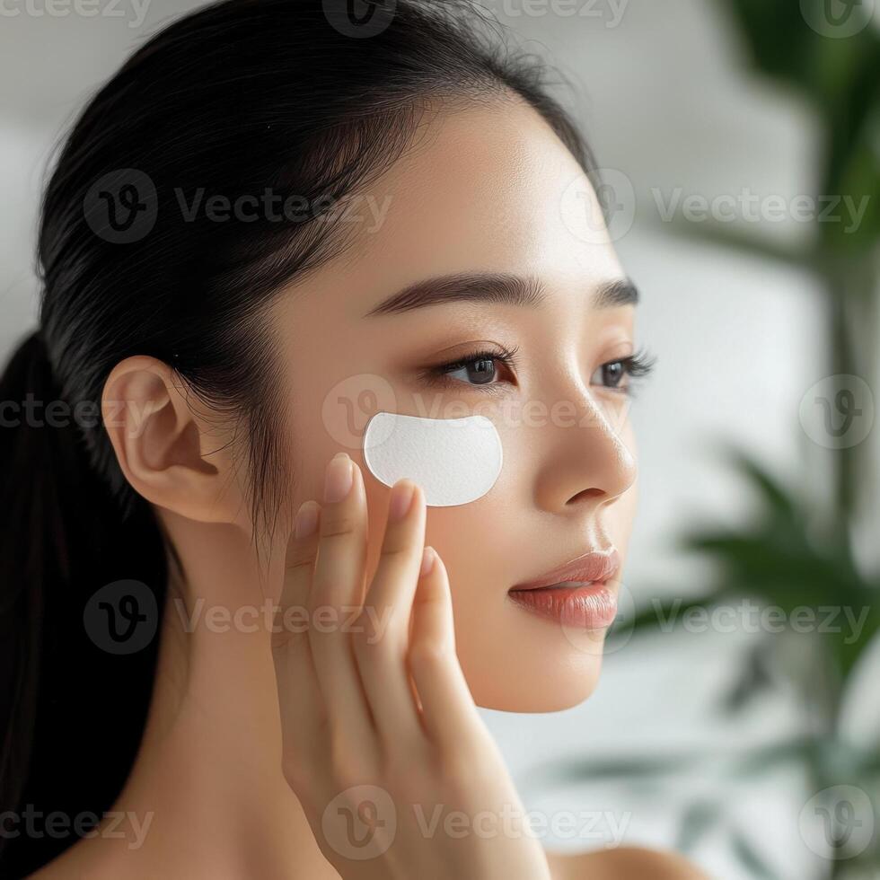 Woman applying under-eye mask while enjoying a skincare routine in a calming setting photo