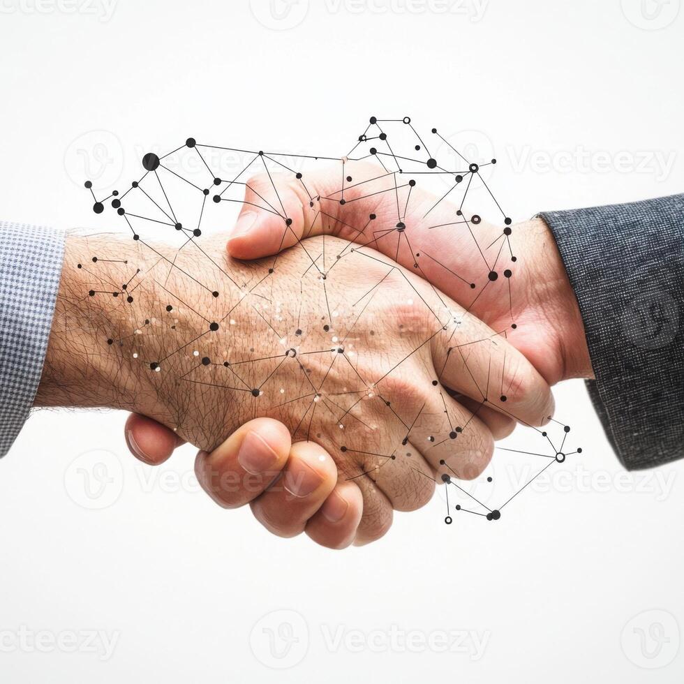 Professionals engage in handshake symbolizing partnership and collaboration with digital elements enhancing the interaction photo