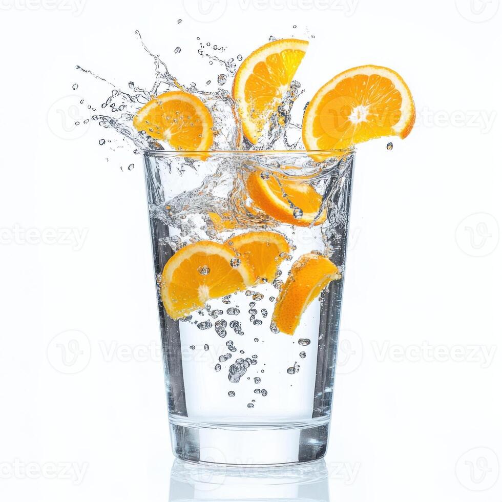 Fresh orange slices create splashes in a glass of water on a bright background photo