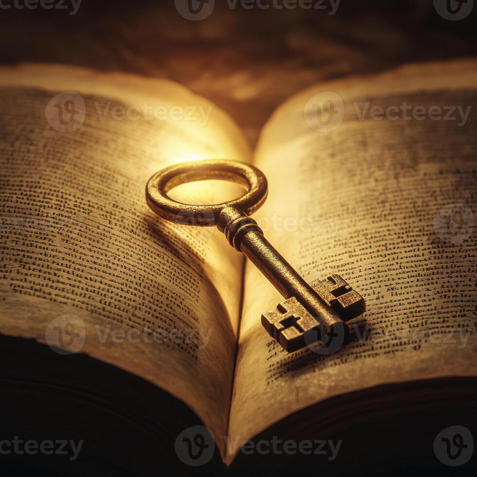 Key resting on an open book emits warm light in a dimly lit environment photo