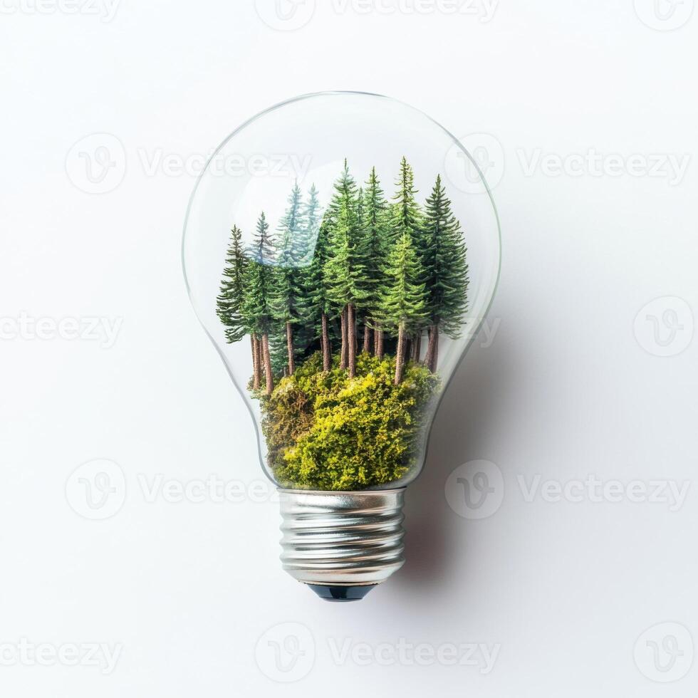 Light bulb containing a miniature forest with green trees and shrubs creating a unique concept of nature and sustainability photo
