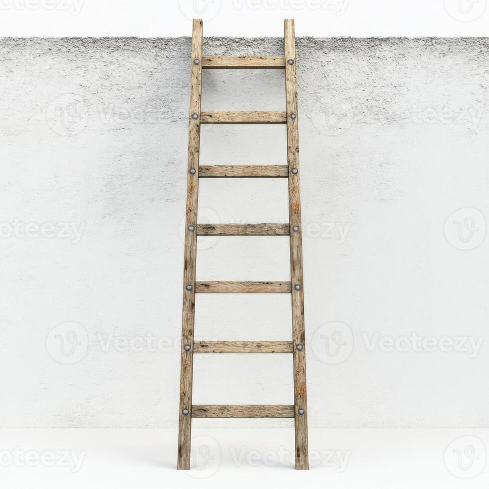 Wooden ladder leaning against a textured wall in a minimalist setting during daylight photo