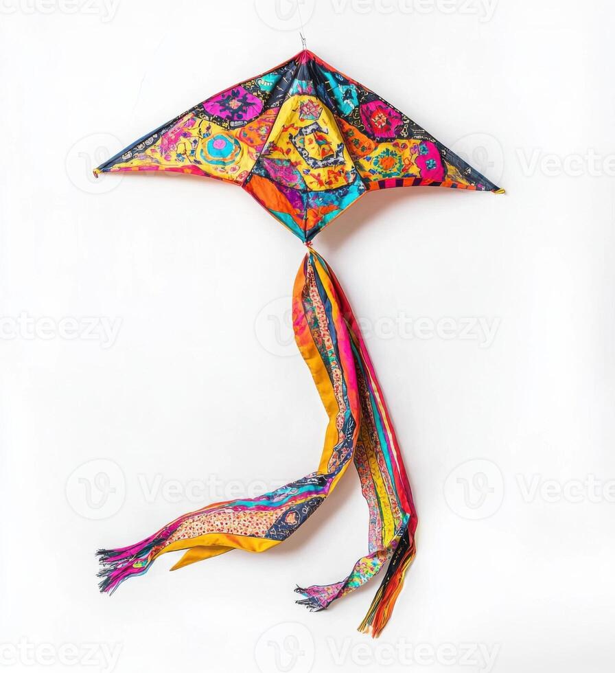 Colorful patterned kite hangs against a white background in a playful arrangement with its vibrant tail flowing photo