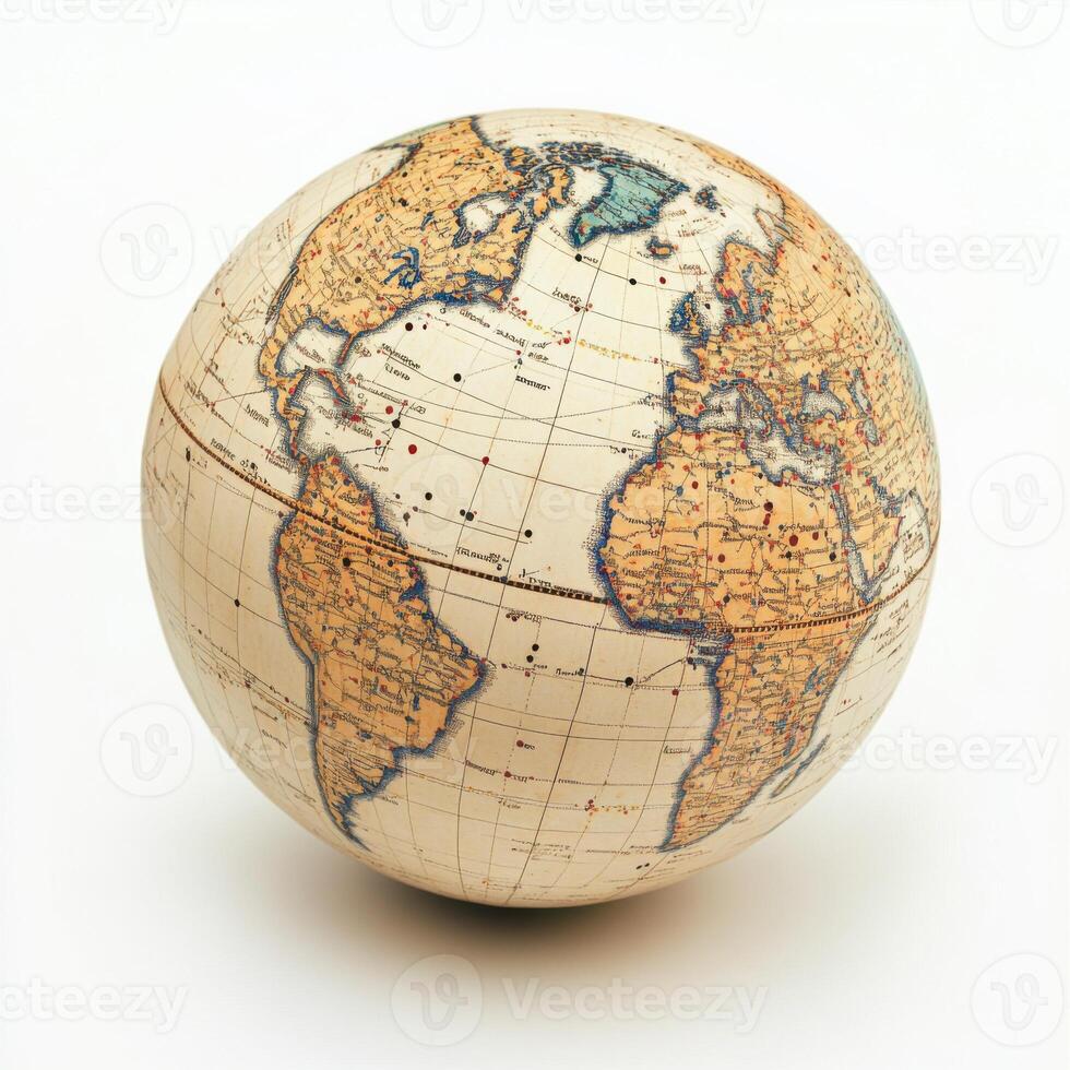 Detailed vintage globe showing continents, countries, and oceans against a plain background photo