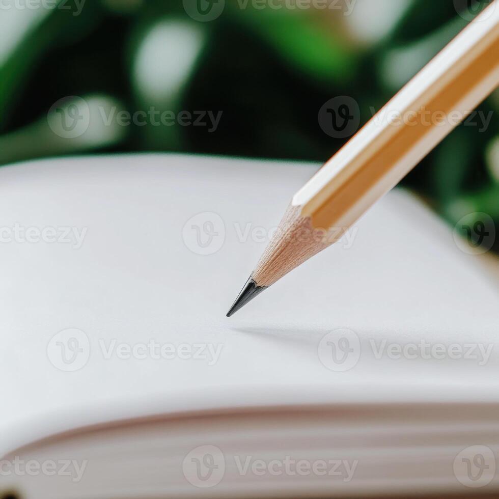 Close-up of a sharpened pencil poised above a blank notebook with plant background in a creative workspace setting photo