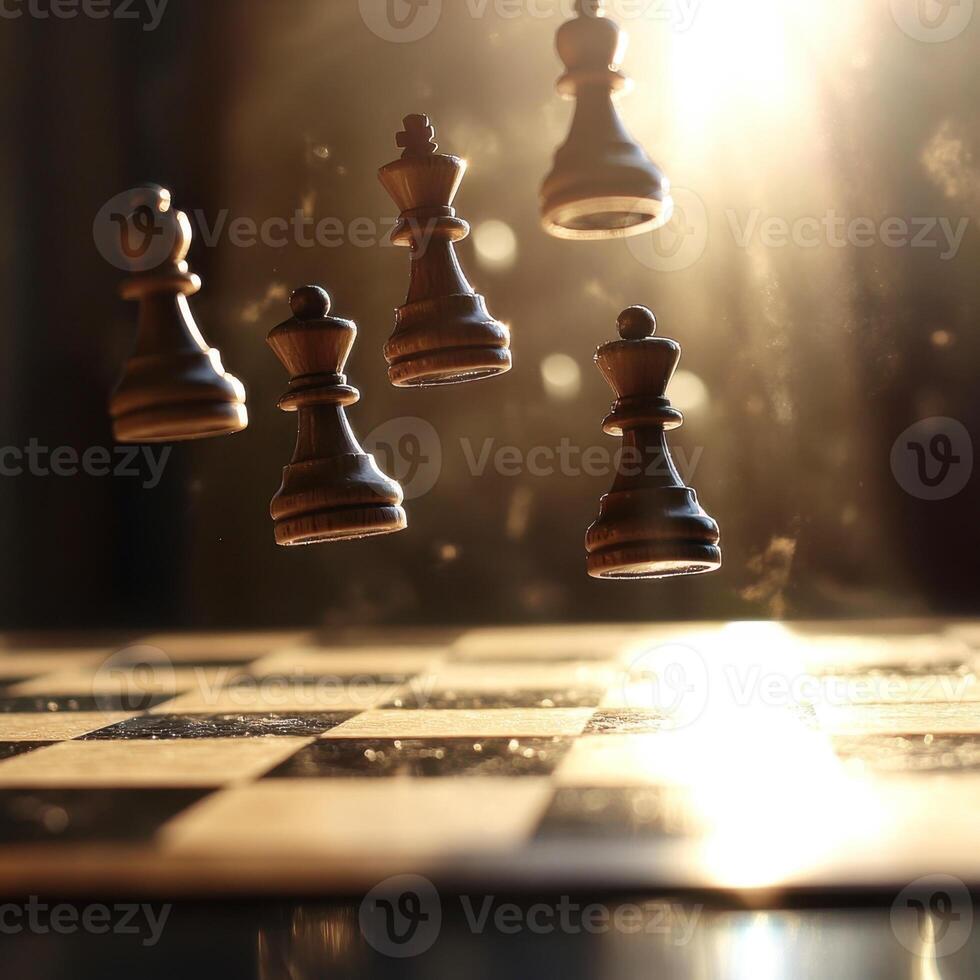 Chess pieces float above a game board with backlighting creating an ethereal atmosphere photo