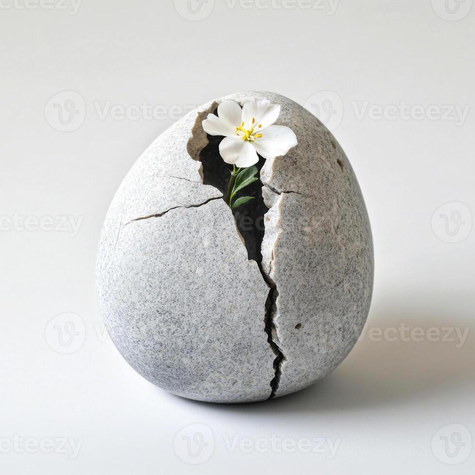 Unique stone egg with a cracked surface and a delicate white flower emerging from it in a serene setting photo