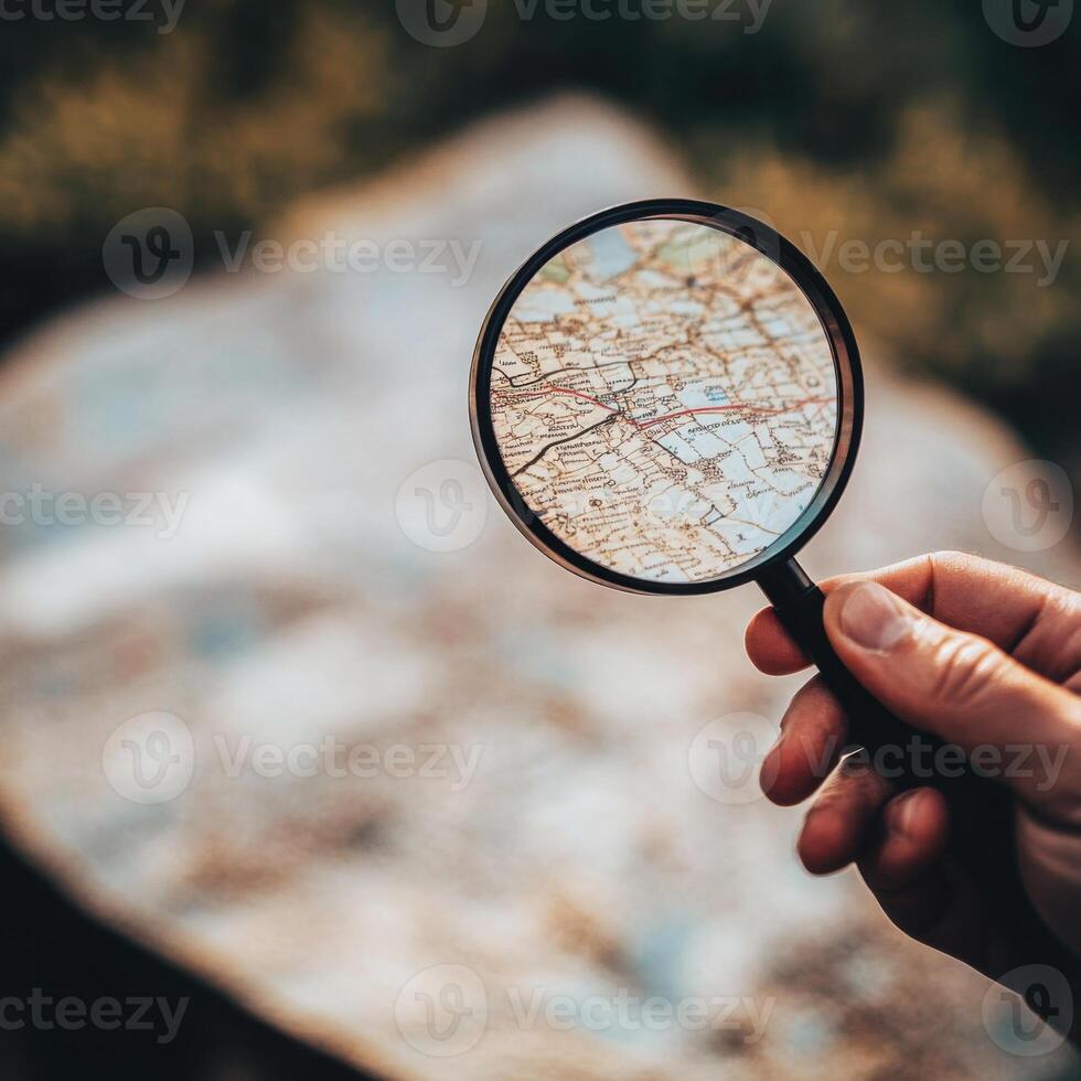 Exploring new destinations with a magnifying glass over a detailed map outdoors photo