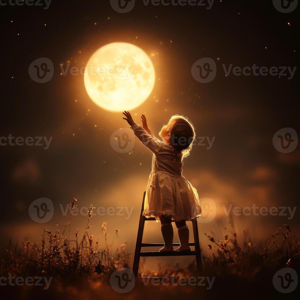 Child reaching for the moon in a serene night setting with a glowing full moon above photo