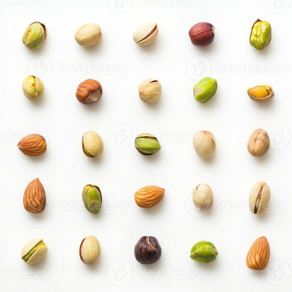 Variety of nuts arranged in a grid pattern on a white background showcasing their different colors and textures photo