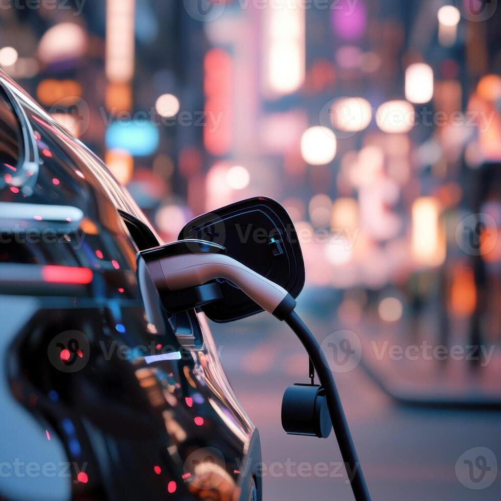 Electric vehicle charging at night in a vibrant city with colorful lights photo