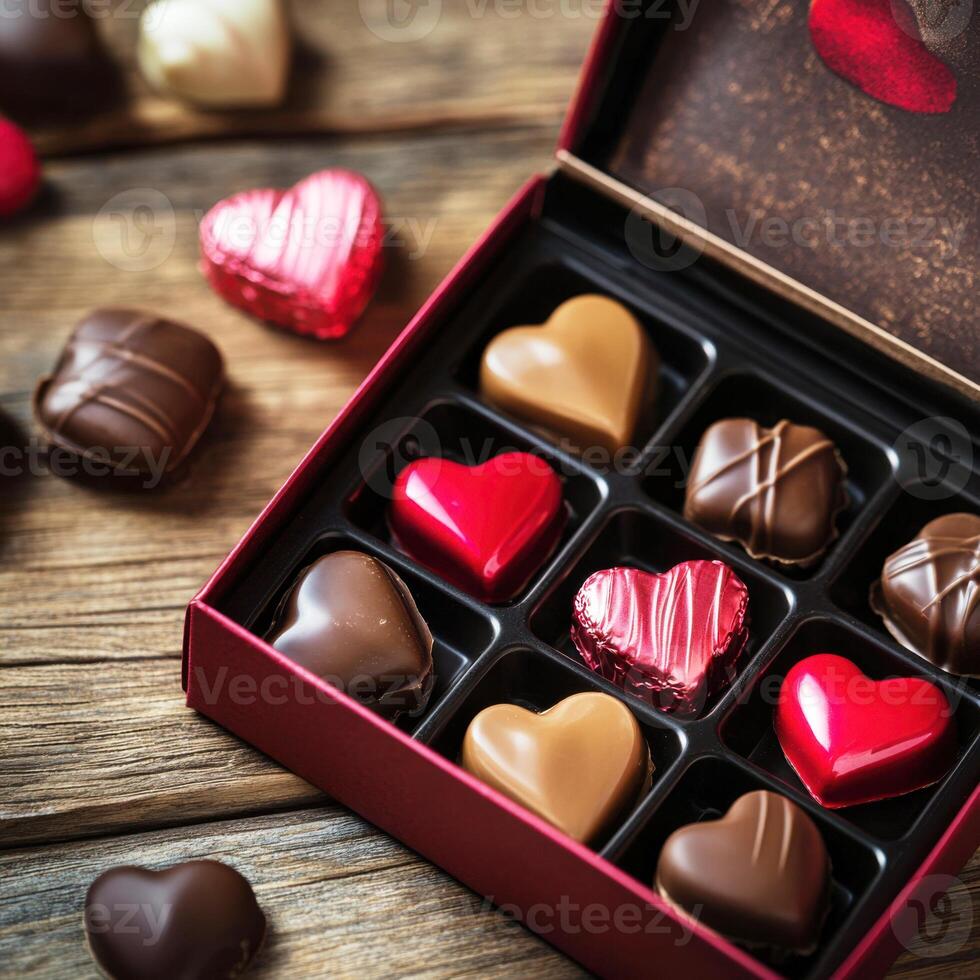 Assorted heart-shaped chocolates displayed in a decorative box on a wooden surface photo