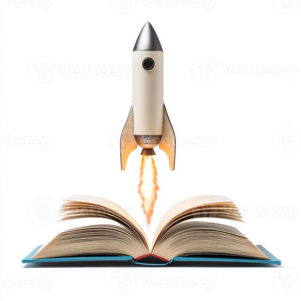 Rocket launching from an open book symbolizes imagination and knowledge expansion photo