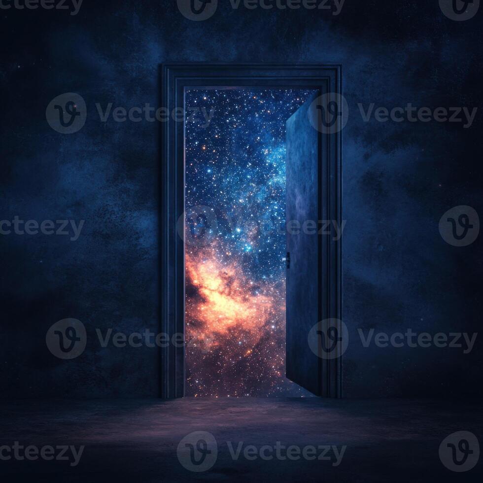 Discovering a cosmic realm through an open door in a dark, atmospheric setting photo