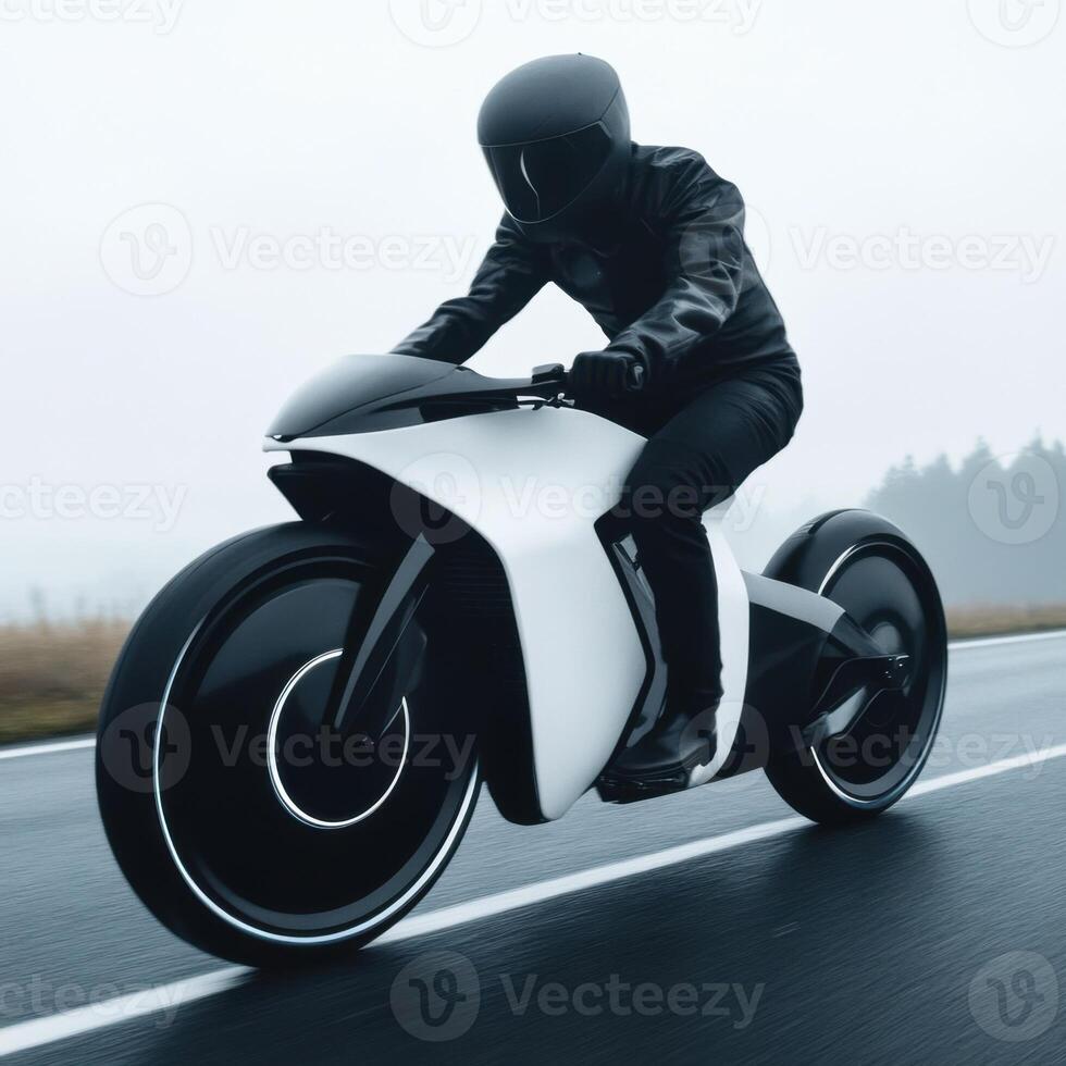 Futuristic motorcycle riding on a wet road in a foggy landscape during daytime with a rider in all black gear photo
